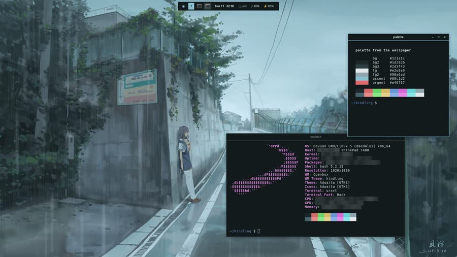 The Kindling desktop: a tint2 bar at the top and two terminal windows themed from a rainy street wallpaper